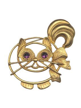 Vintage Gold Tone Cat Brooch With Purple Rhinestone Eyes - Whimsical Retro Jewel